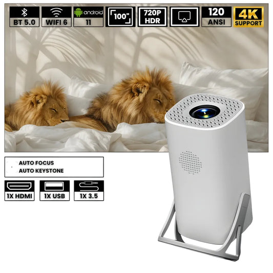 Portable Android Projector – Wi-Fi 6, Bluetooth 5.0, HD 720p, Auto Focus, 100 Inch Display, Smart Cinema Anywhere