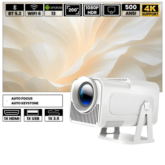 Smart Portable Full HD Projector – 1080p, 500 ANSI Lumens, Android 13, Rotating Base, Wi-Fi 6, Bluetooth 5.2