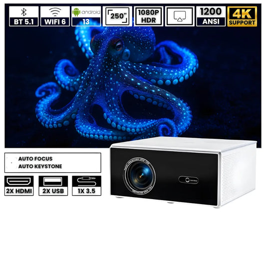 Smart Home Cinema Projector – Full HD, 1200 ANSI Lumens, Android 13, 6D Auto Focus, Wi-Fi 6 & Bluetooth