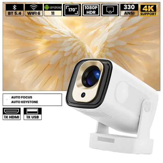 Smart Portable Projector – Full HD 1080p Cinema, Android 11, WiFi 6, Autofocus, 180° Rotation, Short Throw