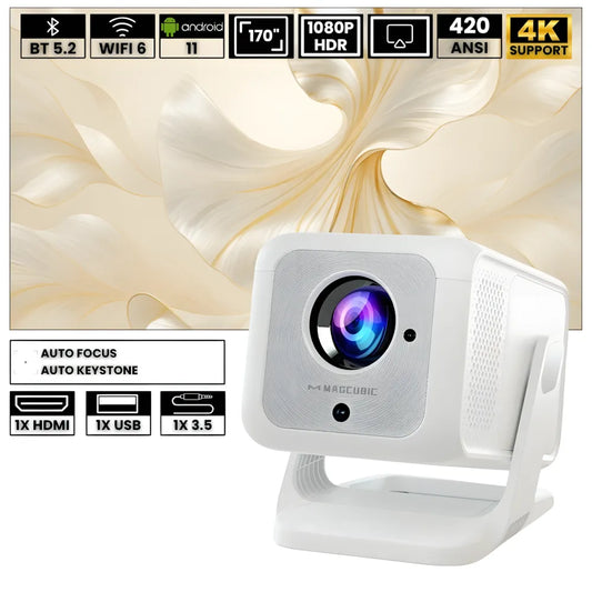 Portable Full HD Projector – 420 ANSI Lumens, Android 11, 180° Rotating Stand, Wi-Fi 6 & Bluetooth 5.2