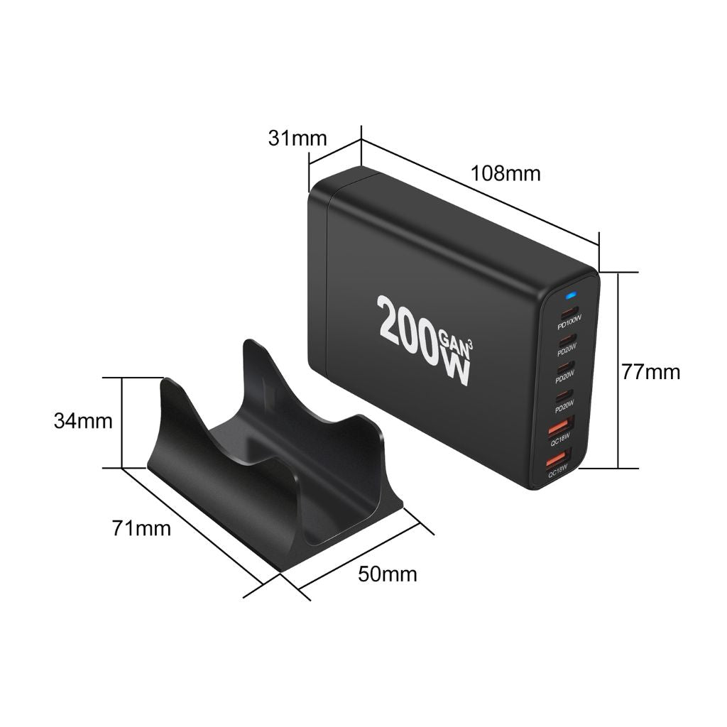200W GaN Charger - 6-Port USB-C, Fast PD/QC | Charge Faster