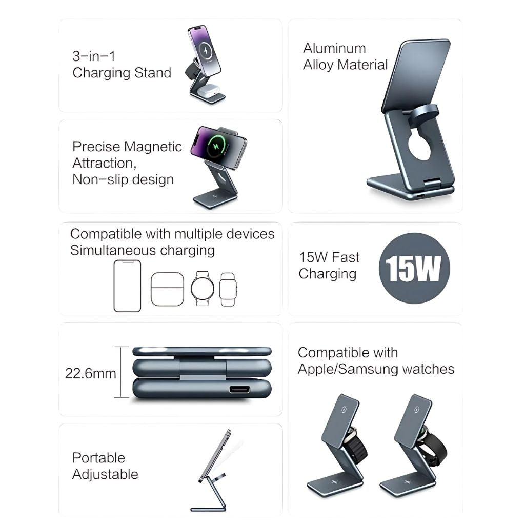 Foldable Wireless Charger - 3-in-1, Portable | Apple Ready