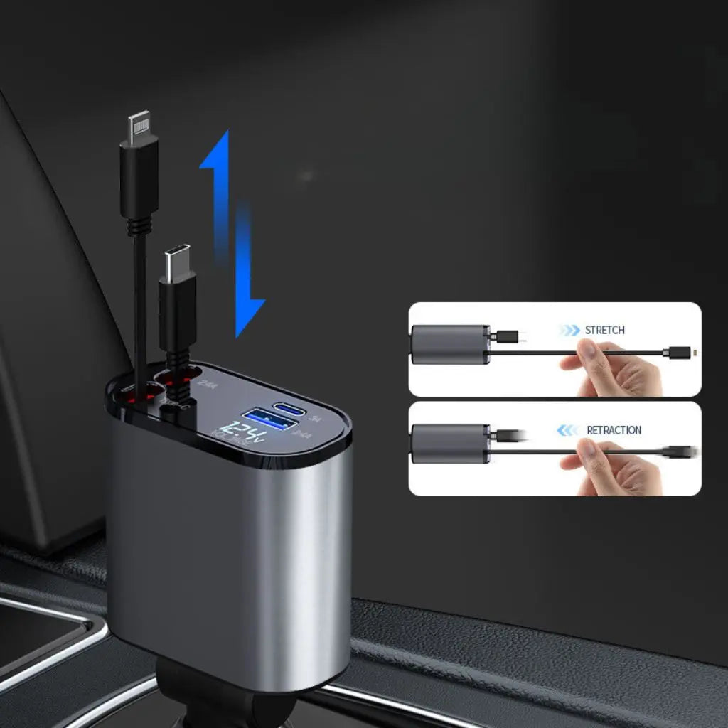 Retractable Car Charger - 4-in-1 Fast Charge | Tangle-Free