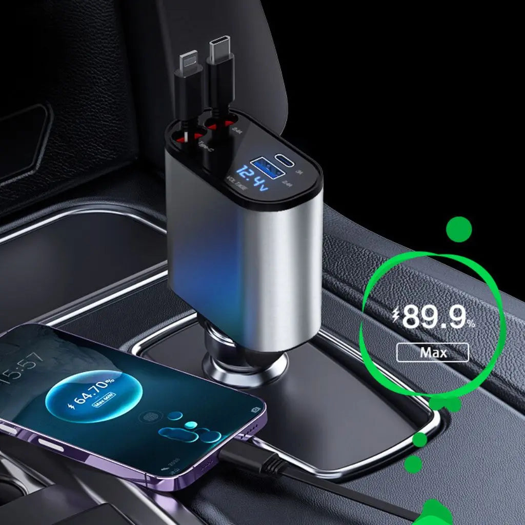 Retractable Car Charger - 4-in-1 Fast Charge | Tangle-Free